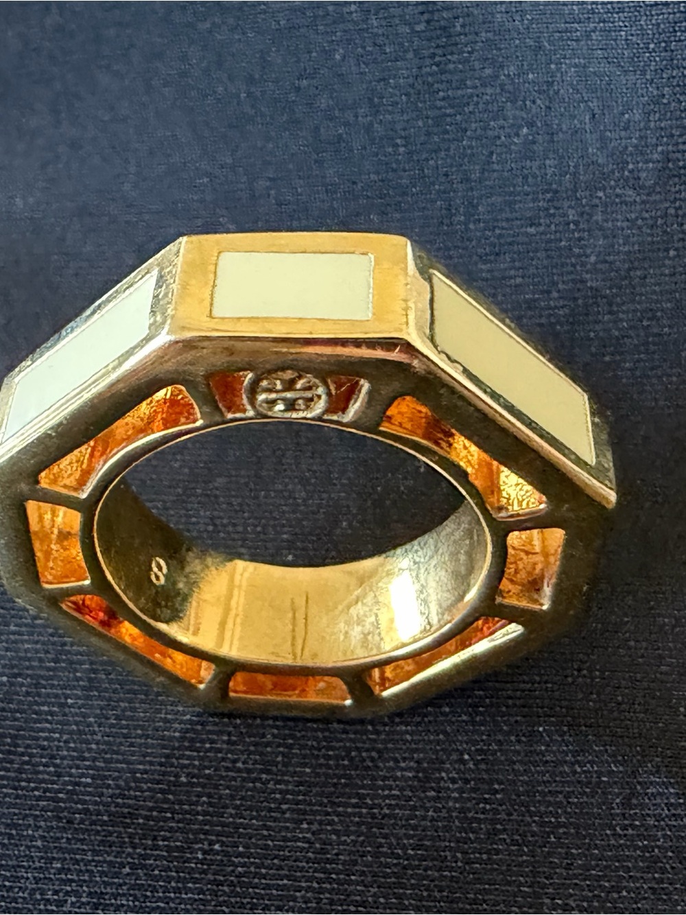 Tory Burch Gold Tone Octagonal Resin Inlay Ring - Cream Panels